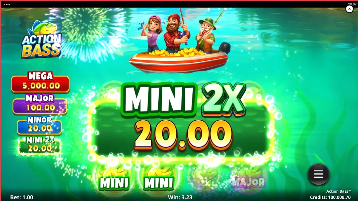 Tampilan visual slot Action Bass dengan latar belakang danau yang tenang dan simbol bertema memancing.